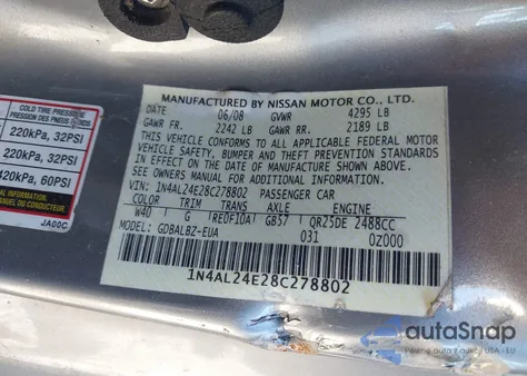 2008 Nissan Altima 2.5 S z USA, uszkodzony, nr VIN 1N4AL24E28C278802